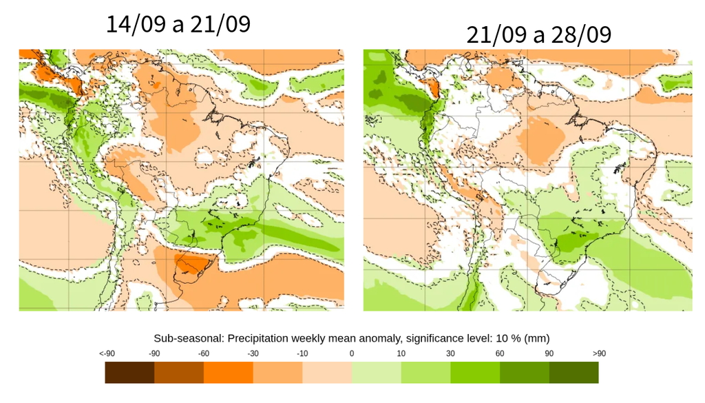 Previsão de anomalia semanal de chuva para a segunda quinzena de setembro, segundo o ECMWF. Créditos: Meteored/ECMWF. Previsão de anomalia semanal de chuva para a segunda quinzena de setembro, segundo o ECMWF. Créditos: Meteored/ECMWF.