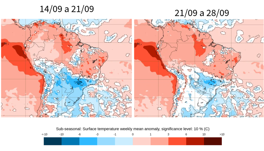 Previsão de anomalia semanal de temperatura para a segunda quinzena de setembro, segundo o ECMWF. Créditos: Meteored/ECMWF. Previsão de anomalia semanal de temperatura para a segunda quinzena de setembro, segundo o ECMWF. Créditos: Meteored/ECMWF.