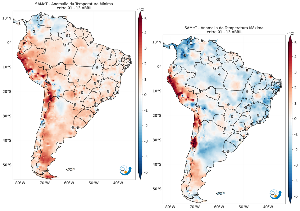 Anomalias de temperatura mínima (esquerda) e máxima (direita) entre 1 e 13 de abril de 2026. Créditos: Adaptada de CPTEC/INPE. Anomalias de temperatura mínima (esquerda) e máxima (direita) entre 1 e 13 de abril de 2026. Créditos: Adaptada de CPTEC/INPE.