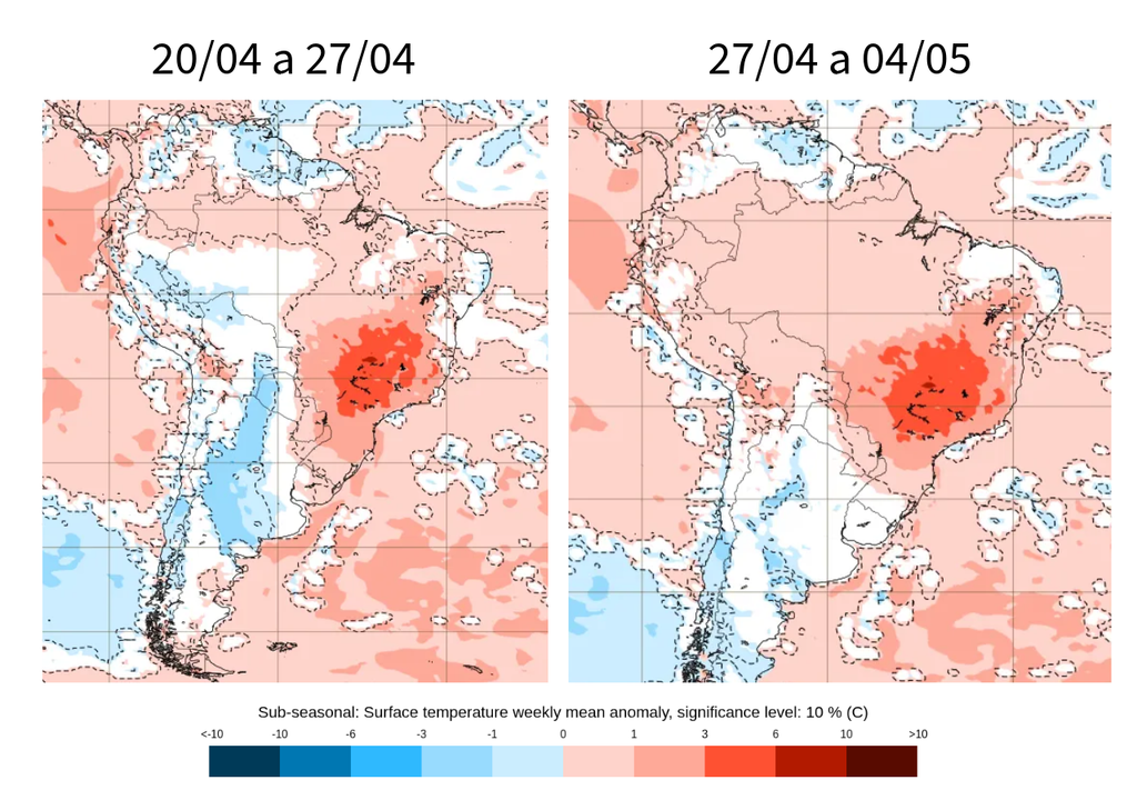 Previsão de anomalia semanal de temperatura de acordo com o ECMWF. Créditos: Elaborado por Meteored/Adaptado de ECMWF. Previsão de anomalia semanal de temperatura de acordo com o ECMWF. Créditos: Elaborado por Meteored/Adaptado de ECMWF.