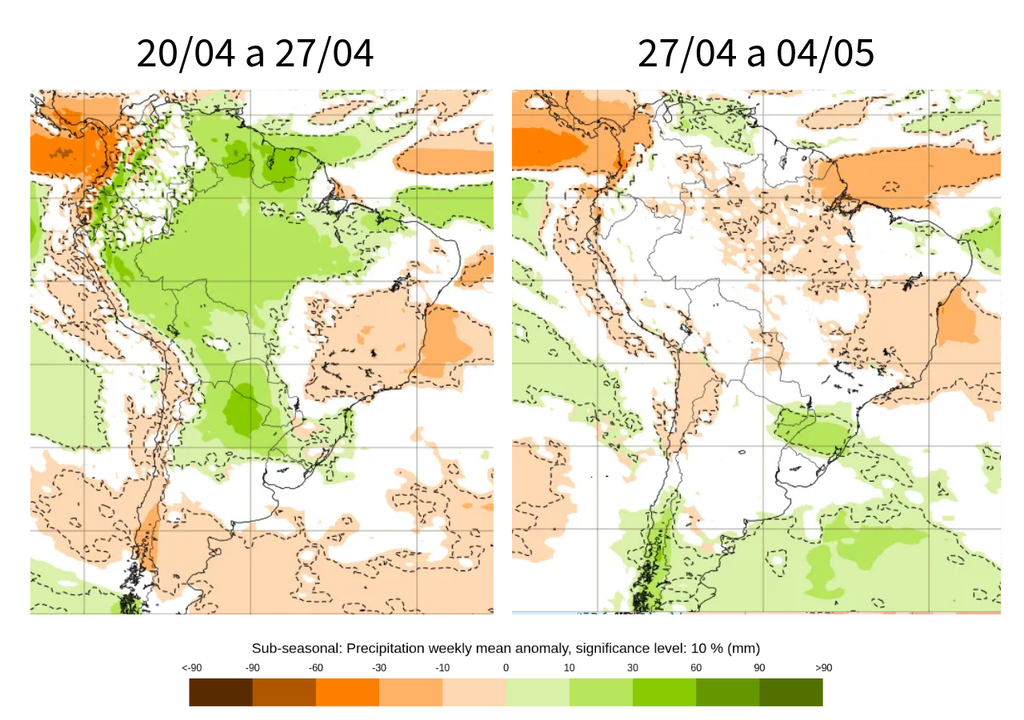 Previsão de anomalia semanal de temperatura de acordo com o ECMWF. Créditos: Elaborado por Meteored/Adaptado de ECMWF. Previsão de anomalia semanal de temperatura de acordo com o ECMWF. Créditos: Elaborado por Meteored/Adaptado de ECMWF.
