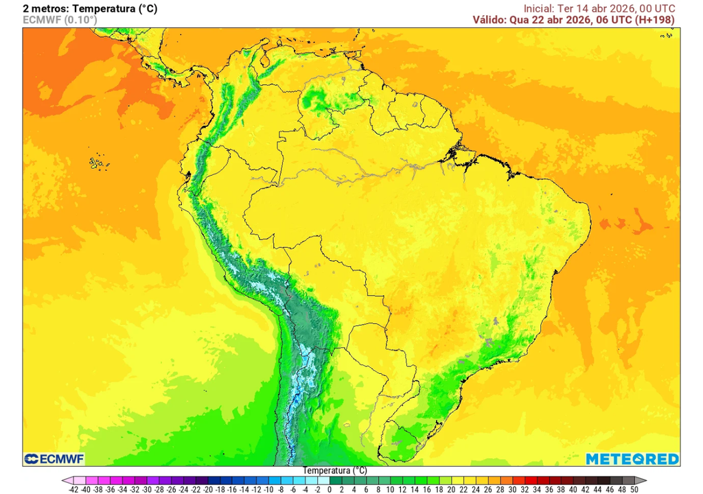 Previsão de temperatura para a madrugada de 22 de abril, de acordo com o ECMWF. Previsão de temperatura para a madrugada de 22 de abril, de acordo com o ECMWF.