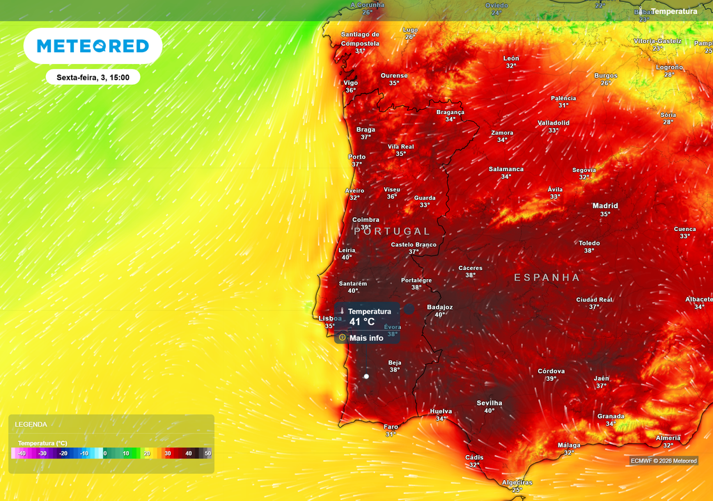 O modelo da Meteored prevê temperaturas muito elevadas durante a primeira semana de julho, com valores próximos ou superiores a 40 ºC em várias regiões do interior Alentejano e do Vale do Tejo.