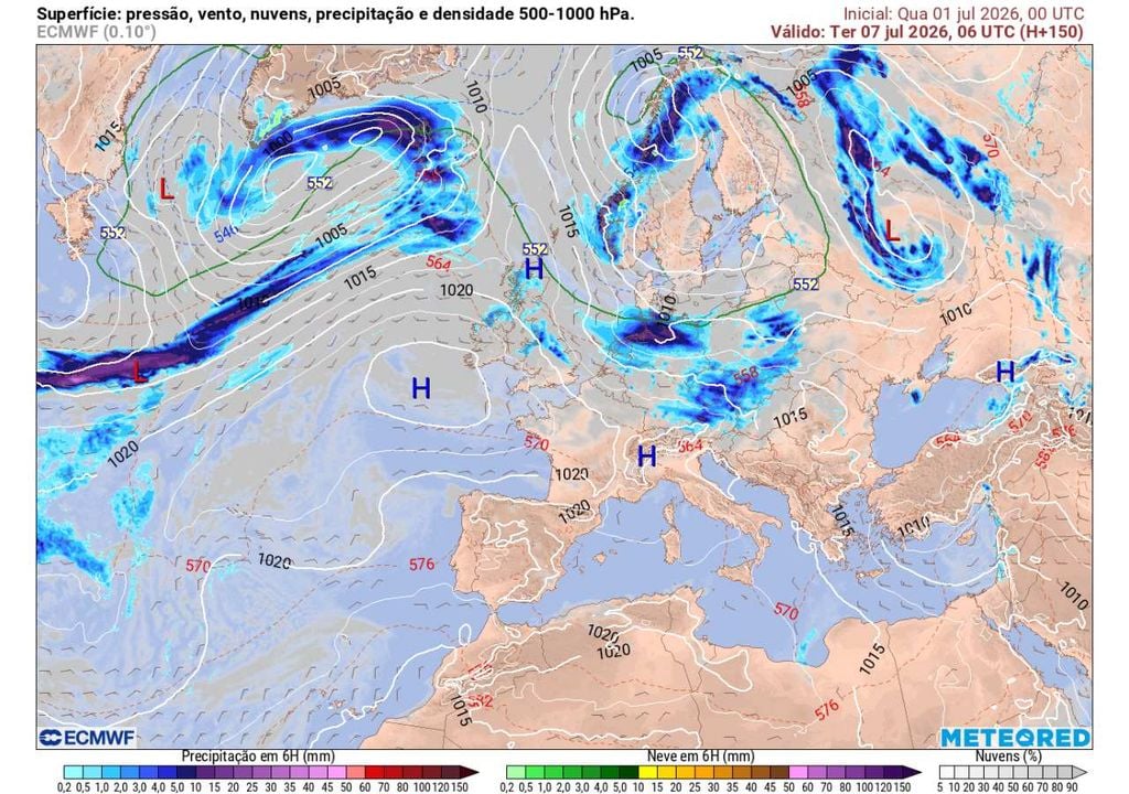 A partir de 7 de julho, o Anticiclone dos Açores deverá já estar deslocado para latitudes mais elevadas, permitindo uma maior influência atlântica e o início de uma mudança gradual no padrão meteorológico.