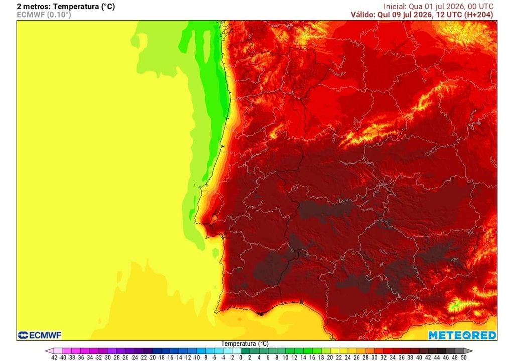 Para 9 de julho, o modelo europeu prevê a persistência de temperaturas elevadas no interior de Portugal, enquanto a influência atlântica deverá proporcionar um ambiente mais fresco ao longo da faixa costeira ocidental.
