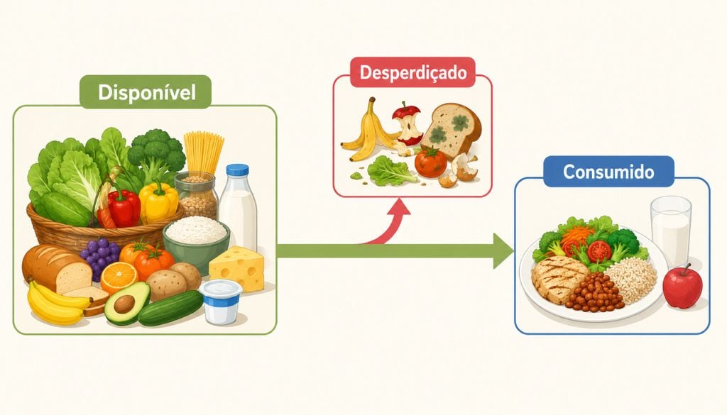 desperdiço, alimento, disponível Disponibilidade alimentar não é o mesmo que consumo real, pois parte dos alimentos se perde ou é desperdiçada antes de chegar ao prato.