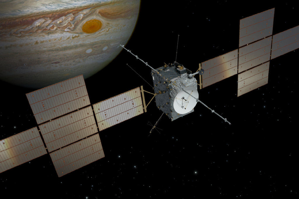 A sonda JUICE irá explorar Júpiter e suas luas na busca pela vida fora da Terra. Crédito: ESA