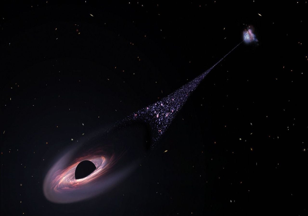 As teorias tradicionais sobre a origem dos buracos negros supermassivos sugerem que as galáxias se formaram primeiro, mas as imagens trazidas pelo telescópio Webb estão a desafiar todas as especulações tidas até agora como as mais prováveis. Ilustração: NASA, ESA, Leah Hustak (STScI)