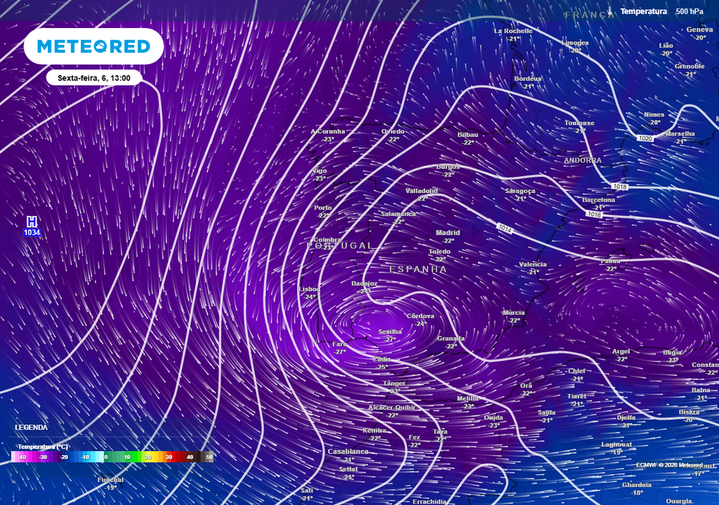 O jato polar continua muito ondulado e irá produzir um vale depressionário (ou cavado) com ar polar e vindo do Atlântico. Na sexta-feira (6) isolar-se-á em altitude sobre a Península Ibérica, dando origem a uma nova gota fria, tal como se observa neste mapa da temperatura a 500 hPa.