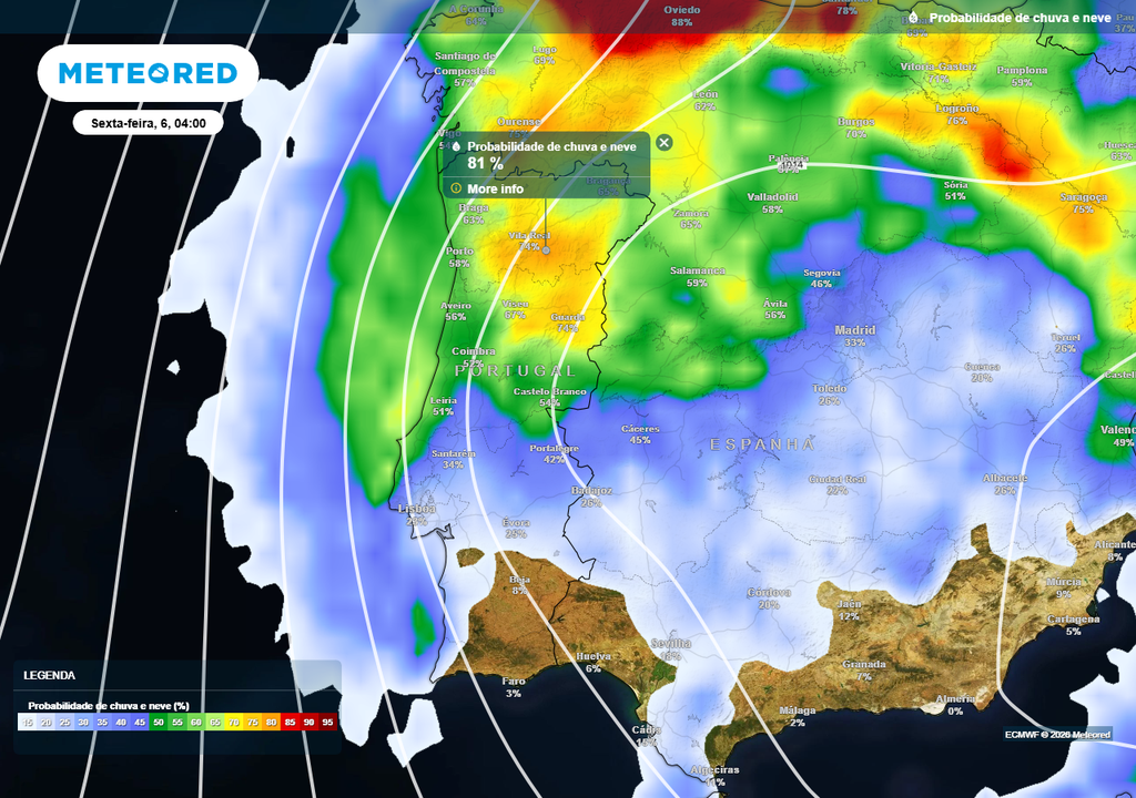 Na quinta-feira (5) prevê-se a chegada de um vale depressionário atlântico com ar polar a Portugal continental, que poderá posteriormente desligar-se da circulação principal, evoluindo para uma gota fria. Entre quinta e sexta-feira, dias 5 e 6 de março, dará origem a mais períodos de chuva, neve, granizo e trovoada.