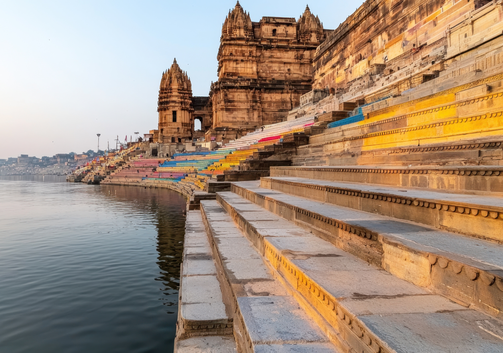 Ao contrário do barulho de buzinas e multidões do dia, o amanhecer é preenchido por sons suaves: o murmúrio de mantras (orações), o toque rítmico de sinos de bronze e o som da água do rio a bater nos degraus.