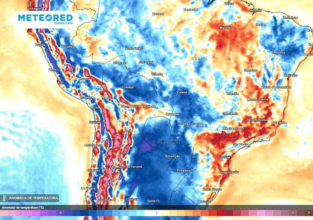 Previsão de anomalia de temperaturas para a tarde de quinta-feira (21).