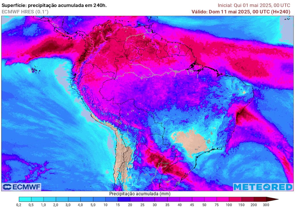 Previsão de acumulados totais de chuva até o dia 11 de Maio. Previsão de acumulados totais de chuva até o dia 11 de Maio.