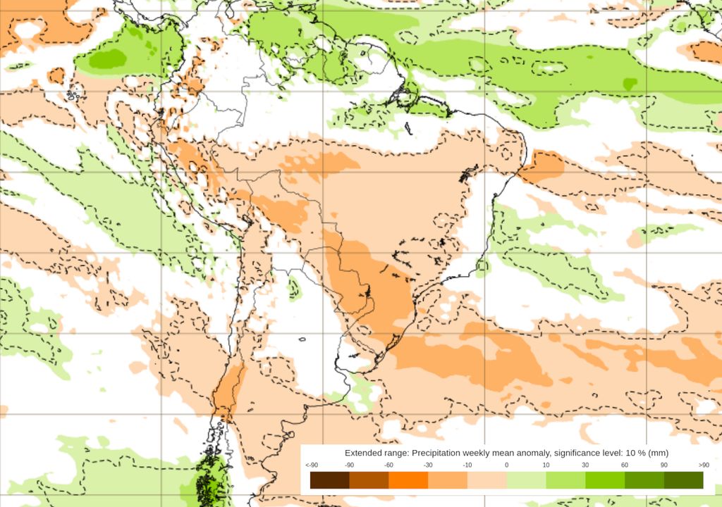 Mapa de previsão de anomalia de chuva do modelo ECMWF entre 12 e 19 de Maio. Mapa de previsão de anomalia de chuva do modelo ECMWF entre 12 e 19 de Maio.
