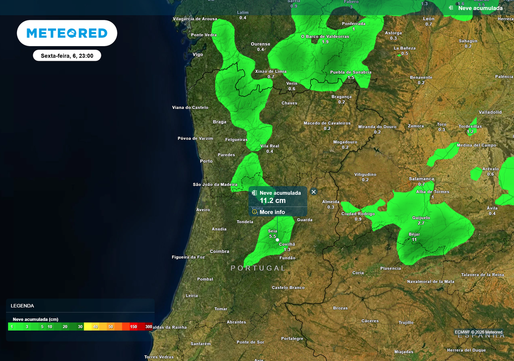 Neve acumulada na sexta-feira à noite, com reforço de neve nas cotas mais elevadas do Norte e Centro, onde a precipitação persistente permitirá novos acumulados.