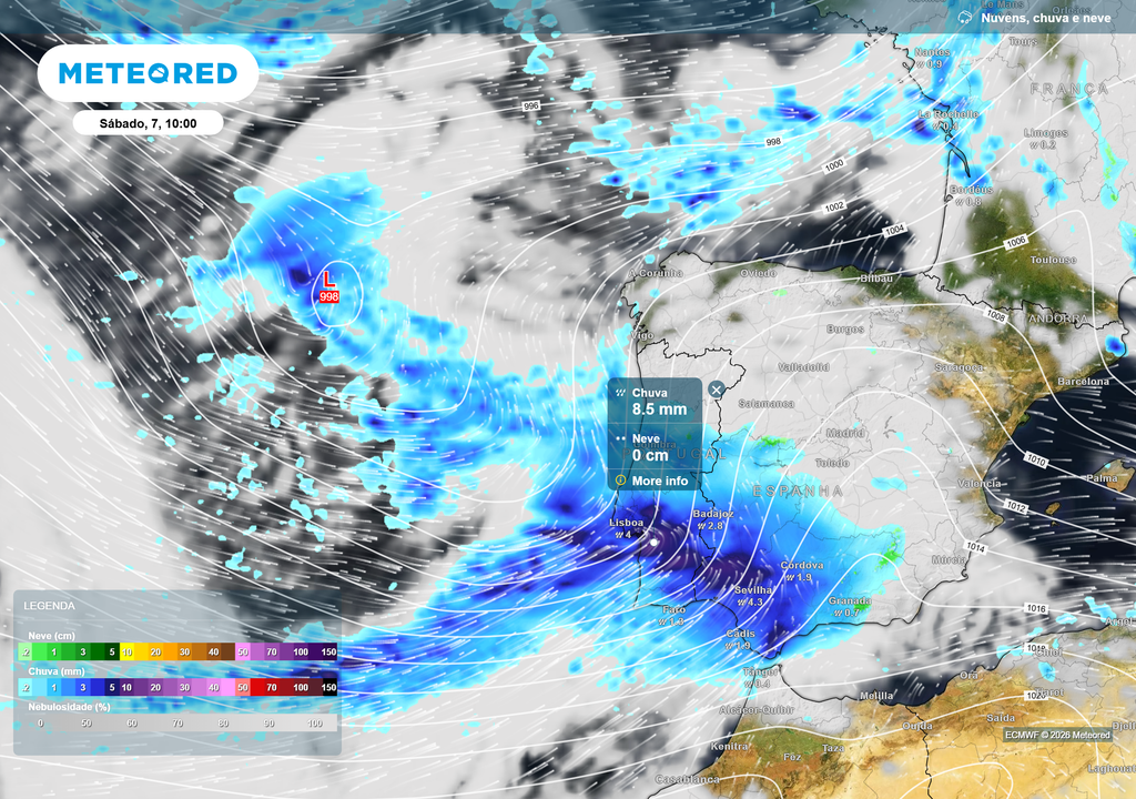 Chegada da nova depressão no sábado de manhã, com o sul do país a ser o primeiro a sentir os seus efeitos, registando chuva forte e acumulados horários que podem ultrapassar os 8 mm.