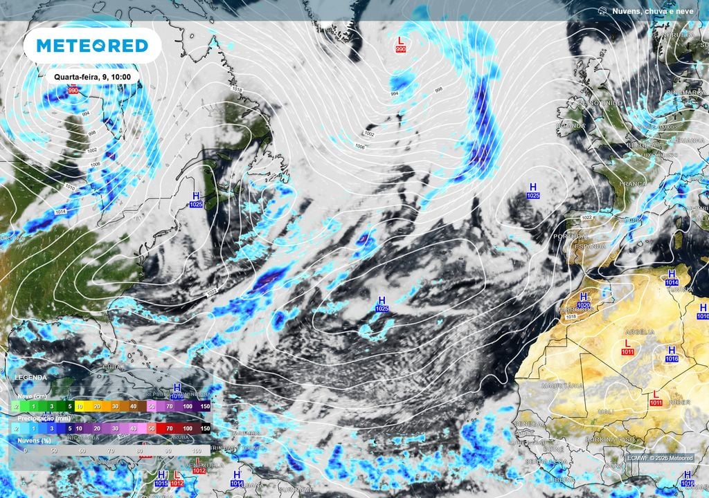 As altas pressões dominam grande parte do Atlântico próximo da Península Ibérica, mantendo Portugal relativamente protegido da passagem direta de perturbações mais organizadas. Também observamos ausência de sistemas tropicais no Atlântico.