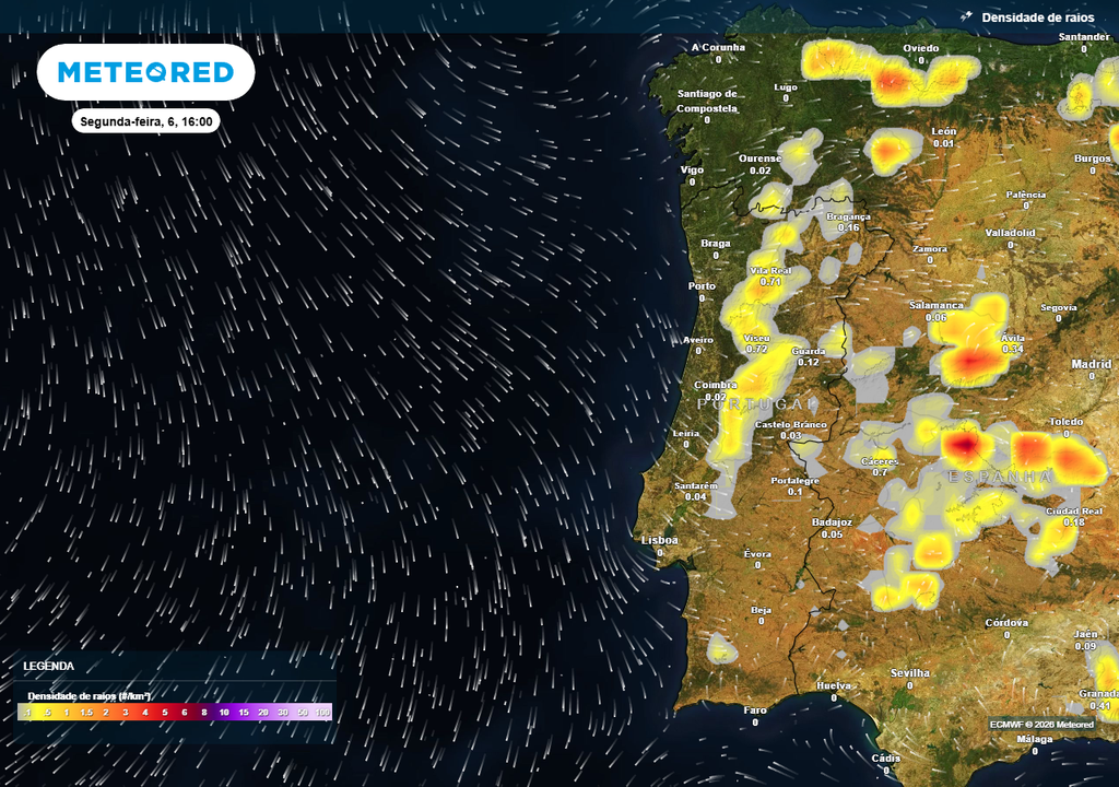O modelo Europeu começa a contemplar a possibilidade do desenvolvimento de trovoadas em várias zonas de Portugal continental na próxima semana.