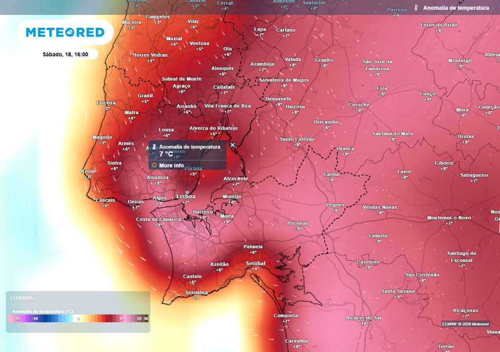 Fim de semana marcado pelo calor invulgar para a época do ano, estando prevista uma anomalia térmica positiva de até +7 ºC em Lisboa, capital de Portugal.