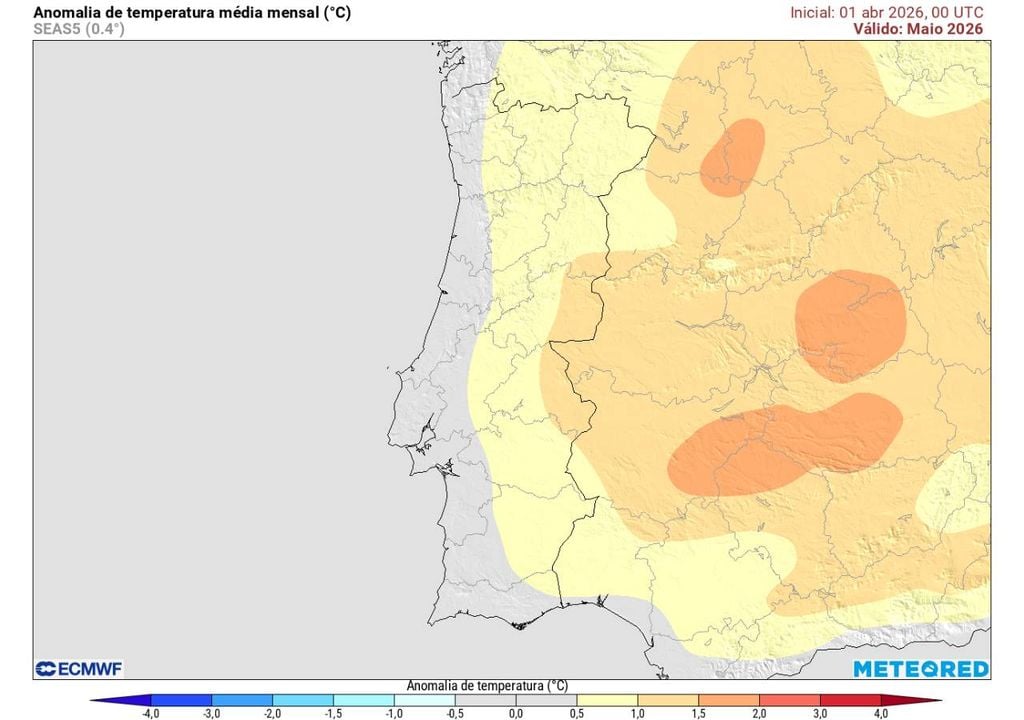 O modelo Europeu antecipa valores de temperatura acima da média em maio no interior de Portugal continental, com particular destaque para as zonas raianas (que fazem fronteira com Espanha).