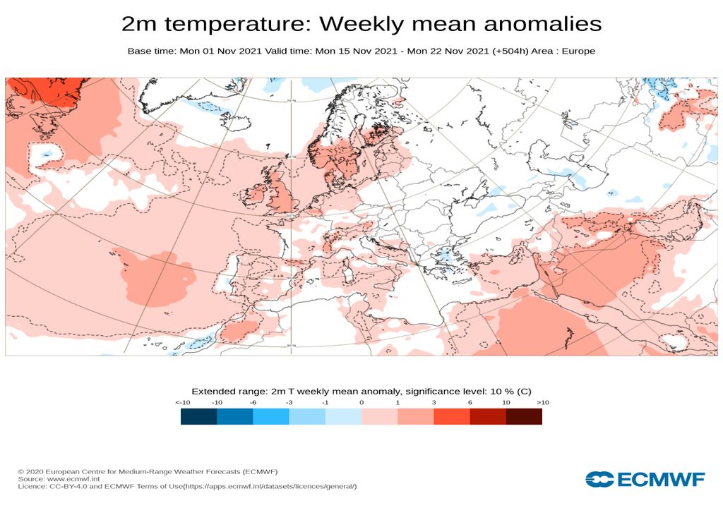 mapa de temperatura;  ecmwf;  Portugal continental;  Novembro de 2022