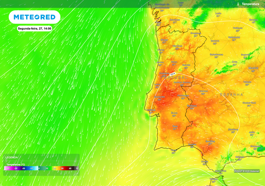 Mapa de temperatura à superfície para segunda-feira à tarde evidencia valores elevados em grande parte do território, com maior intensidade no interior, refletindo o transporte de ar mais quente associado ao fluxo de sul.
