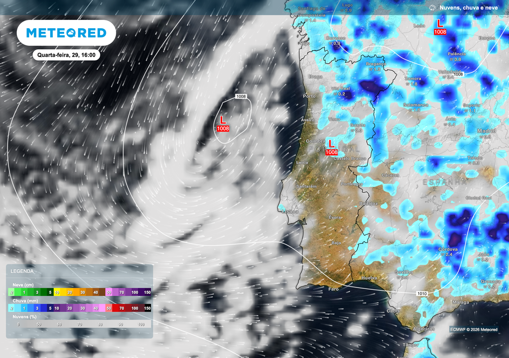 Ao longo da tarde de quarta-feira, a nebulosidade aumenta e surgem aguaceiros dispersos, sobretudo no Norte e Centro, num contexto de maior instabilidade associado à aproximação de um cavado atlântico.