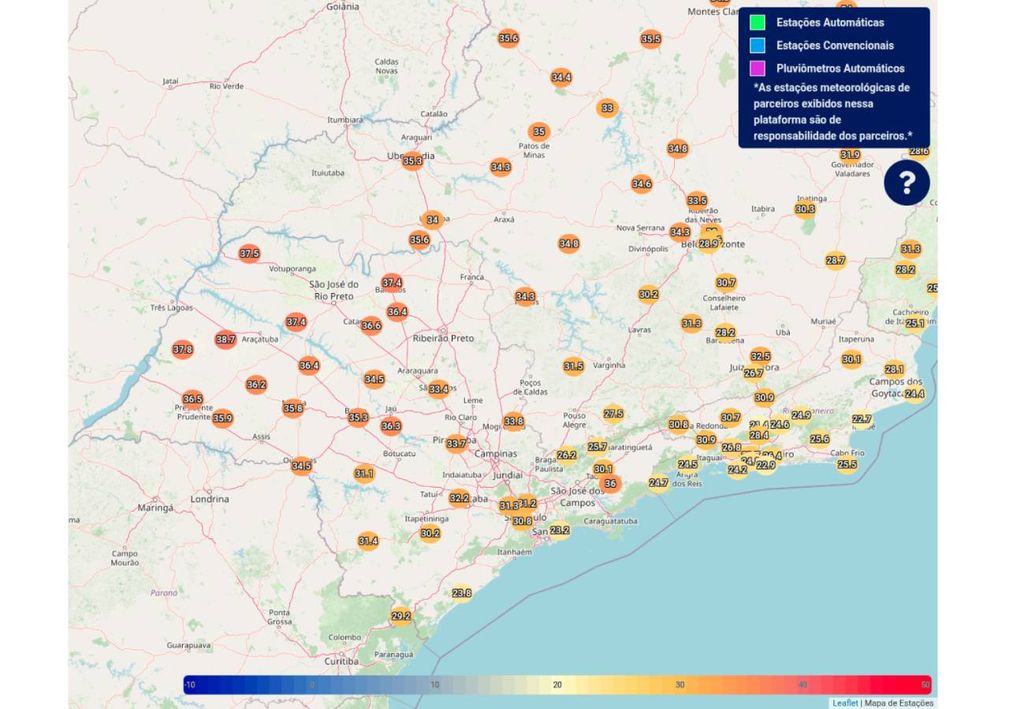 Temperatura máxima registrada hoje (11) nas estações oficiais do INMET. Créditos: INMET.