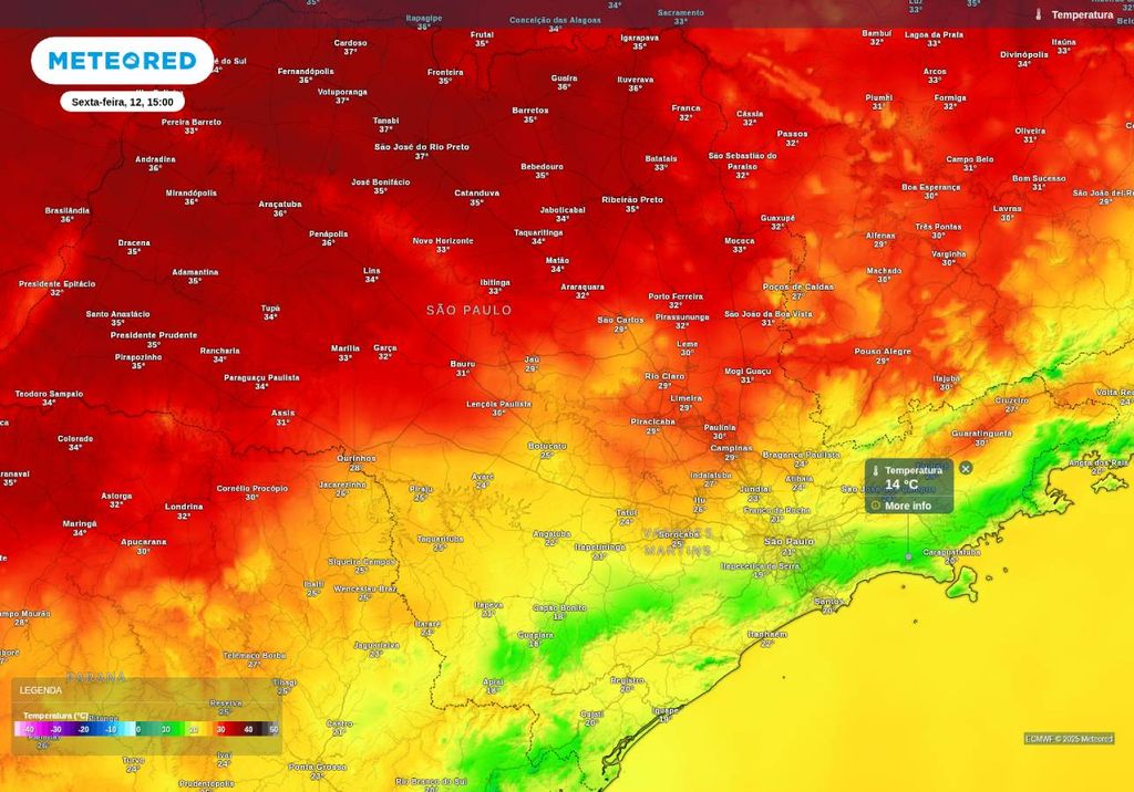 Previsão de temperatura máxima nesta sexta-feira (12), de acordo com o ECMWF.