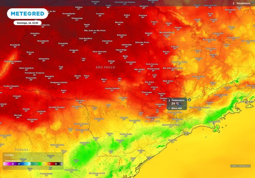 Previsão de temperatura máxima neste domingo (14), de acordo com o ECMWF.