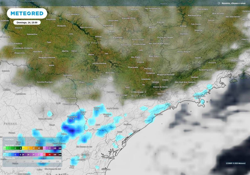 Previsão de chuva e nebulosidade neste domingo (14), de acordo com o ECMWF.