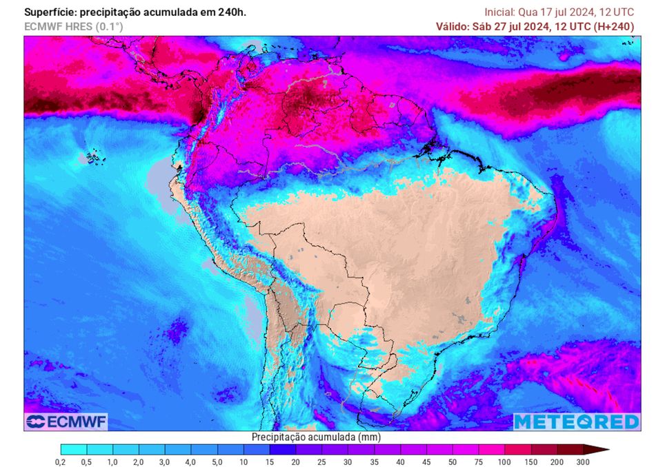 Previsão de acumulados de chuva até o dia 27 de Julho.