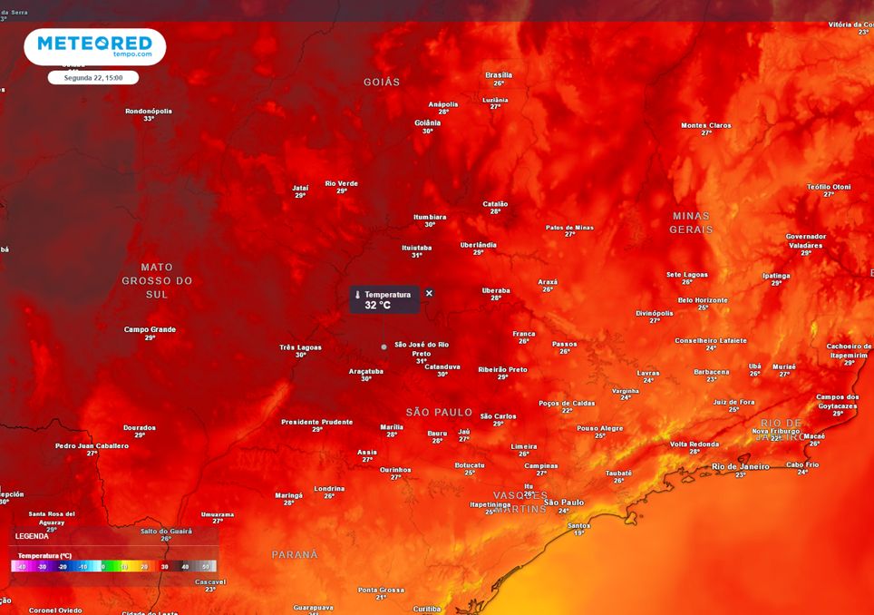 Previsão de temperaturas máximas na próxima segunda-feira.