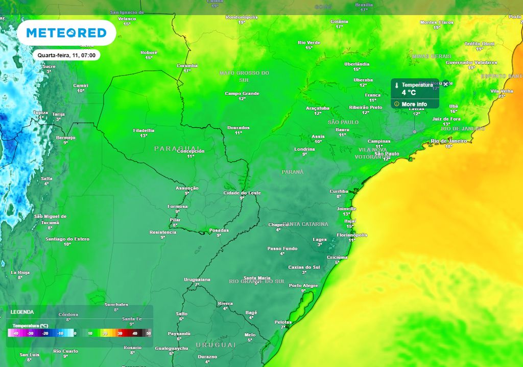 Previsão de temperaturas mínimas na quarta-feira durante o início da manhã. Previsão de temperaturas mínimas na quarta-feira durante o início da manhã.