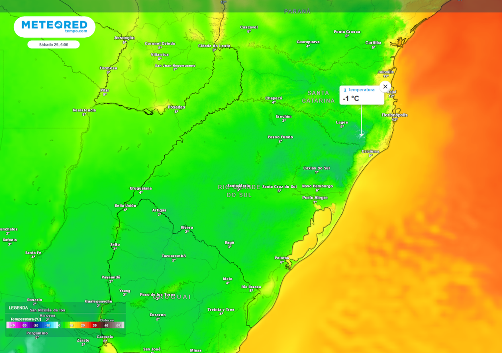 Previsão de temperaturas mínimas na madrugada do sábado (25). Previsão de temperaturas mínimas na madrugada do sábado (25).