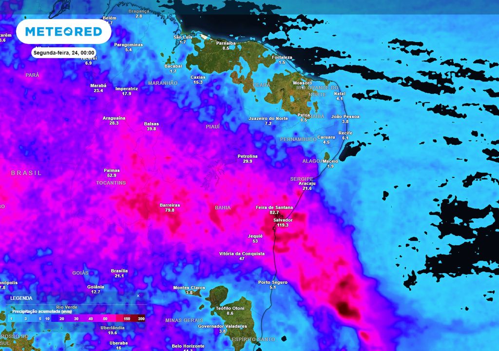 Previsão de acumulados totais de chuva até o final do domingo.
