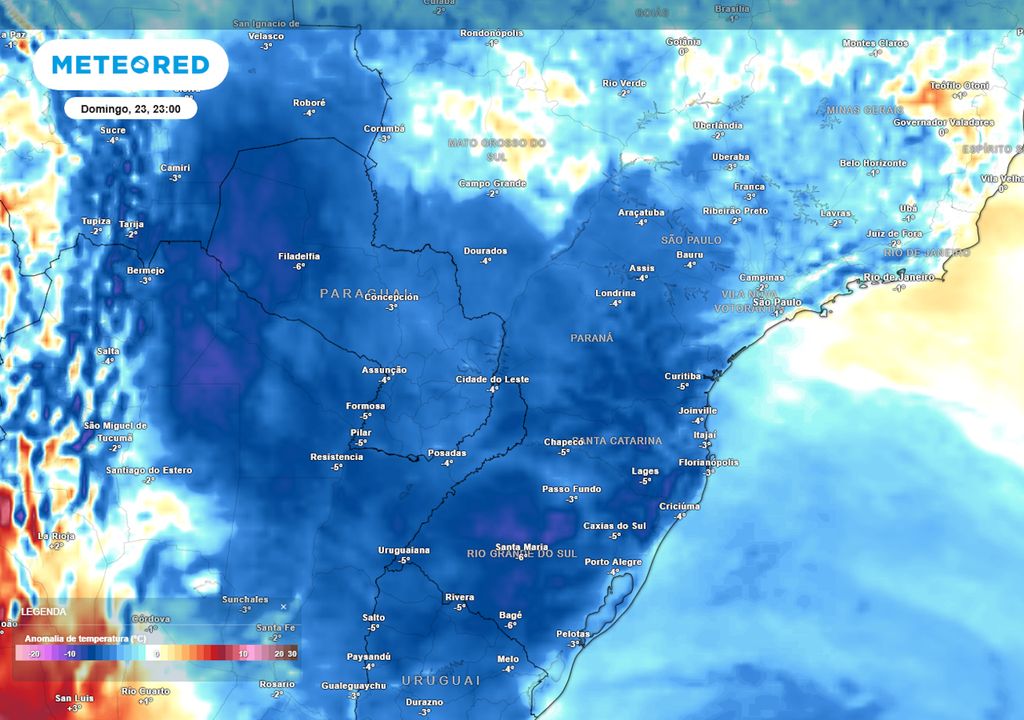 Previsão de anomalias de temperatura em 850 hPa no domingo durante a noite.