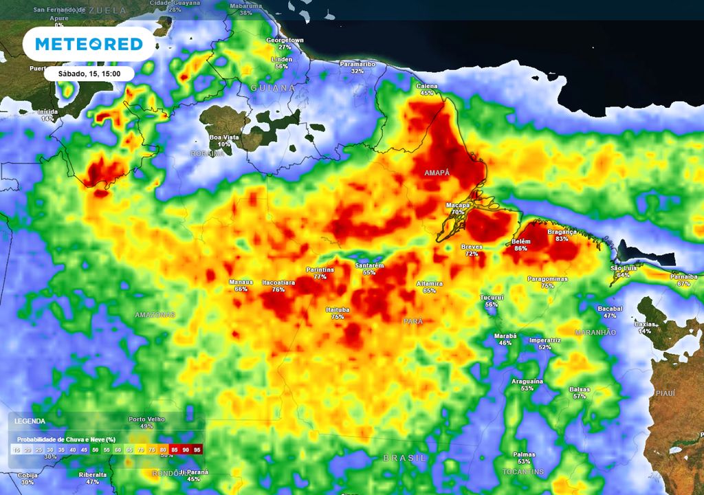 Previsão de probabilidade de chuvas no sábado durante a tarde. Previsão de probabilidade de chuvas no sábado durante a tarde.