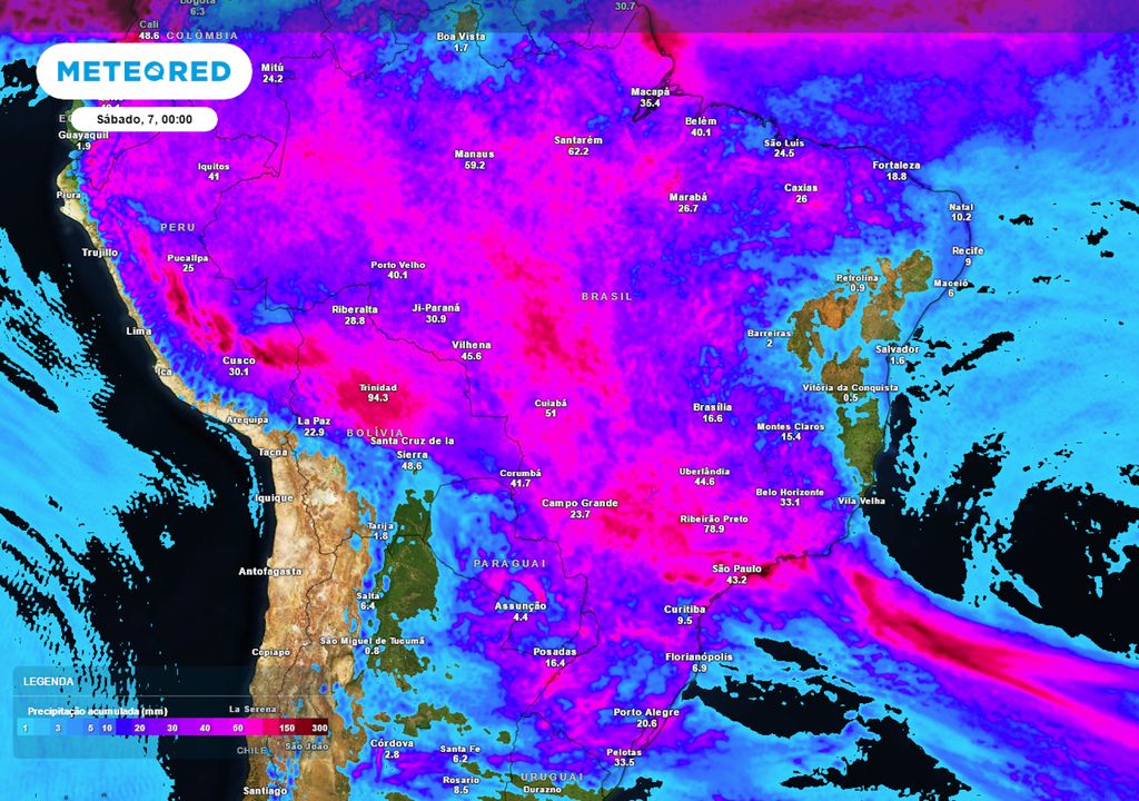 Previsão de acumulados totais de chuva ao longo até o final da sexta-feira.