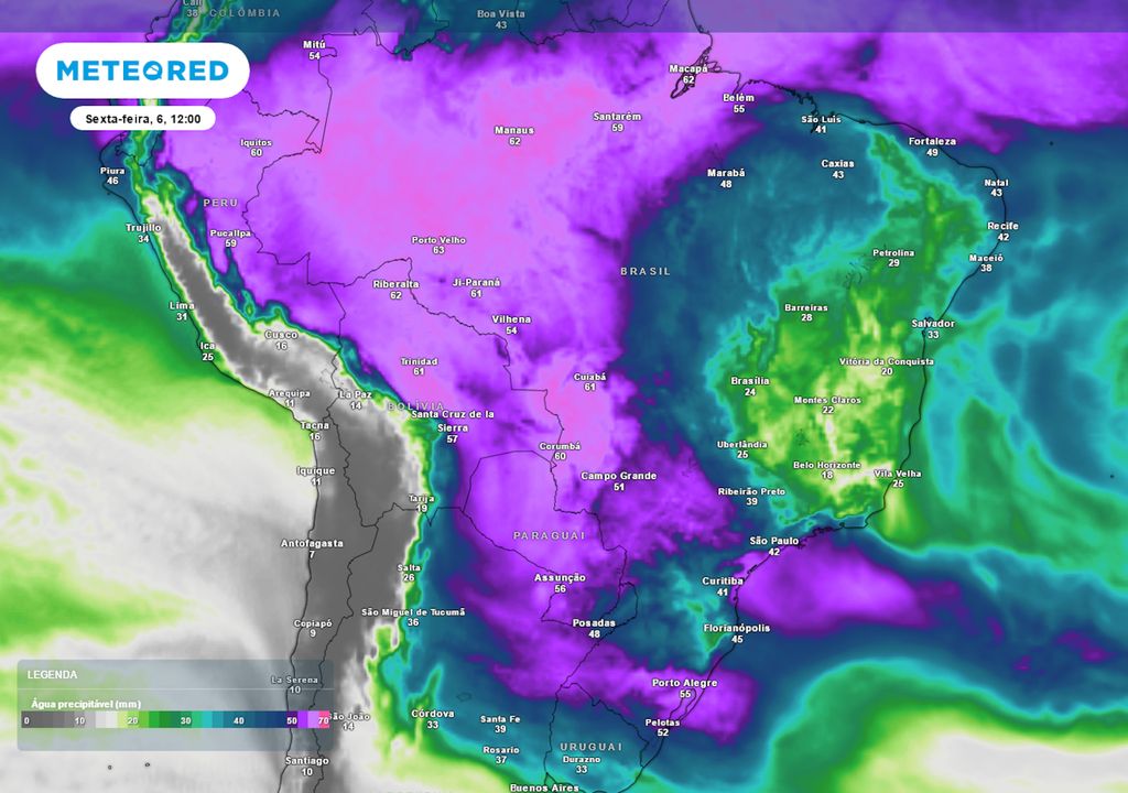 Previsão de água precipitável na sexta-feira durante a tarde.