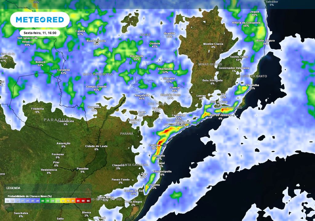Previsão de probabilidade de chuvas na sexta-feira durante a tarde.