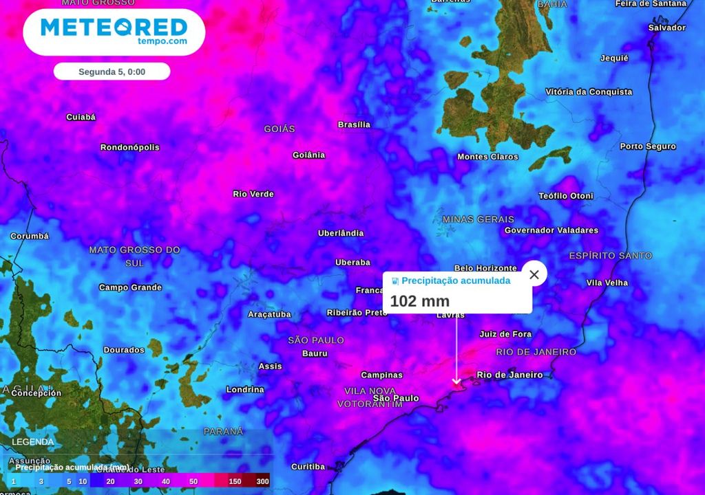 Precipitação acumulada no Sudeste e Centro-Oeste