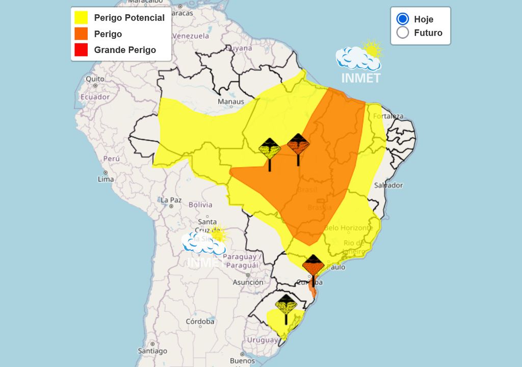Mapa de avisos meteorológicos (chuva intensa) no INMET nesta quinta-feira.