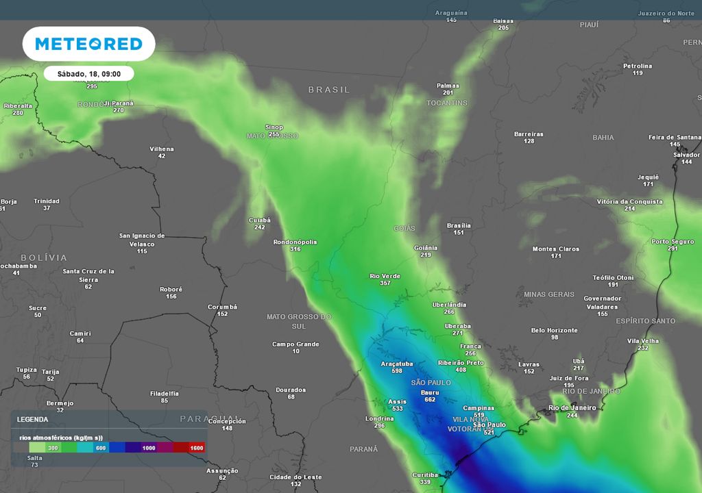 Previsão de Rios Atmosféricos no sábado durante a manhã.