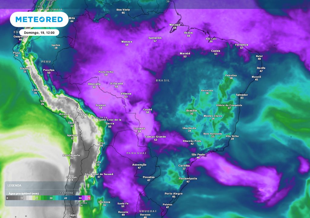 Previsão de água precipitável no domingo.