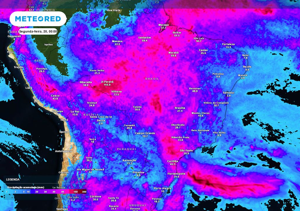Previsão de acumulados totais de chuva até o final do domingo.