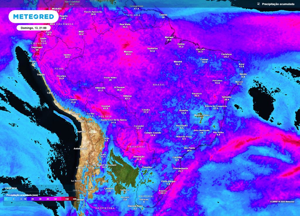 Previsão do acumulado de chuva entre a sexta-feira (11) e domingo (13), de acordo com o ECMWF. Previsão do acumulado de chuva entre a sexta-feira (11) e domingo (13), de acordo com o ECMWF.