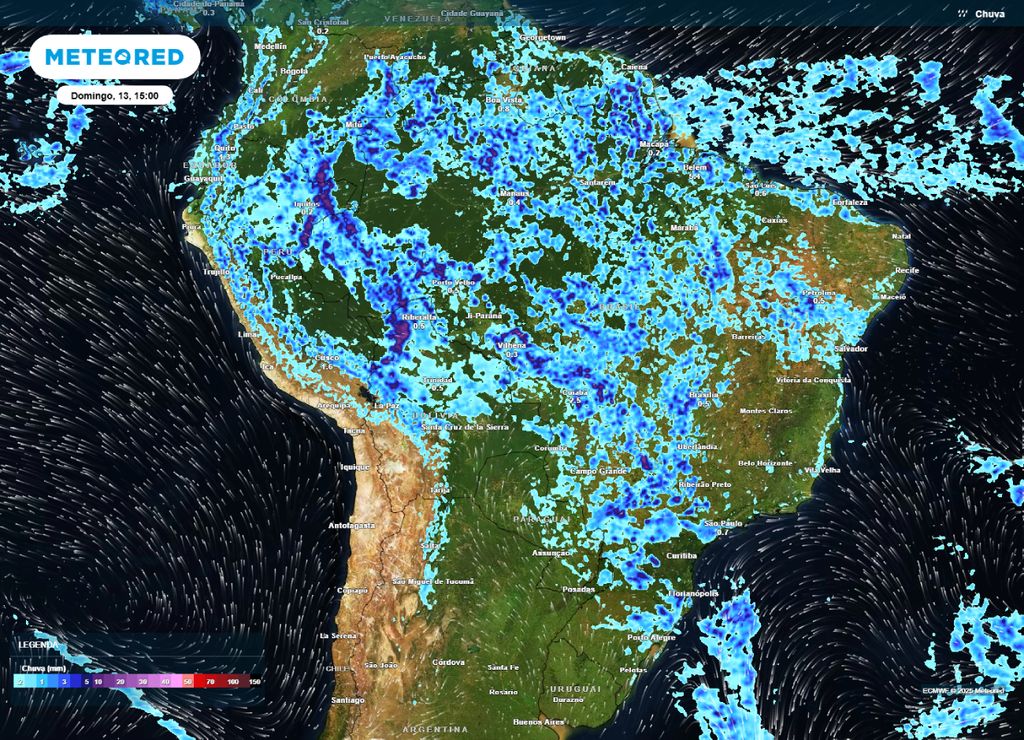 Previsão de chuva para a tarde deste domingo (13), segundo o modelo ECMWF. Previsão de chuva para a tarde deste domingo (13), segundo o modelo ECMWF.