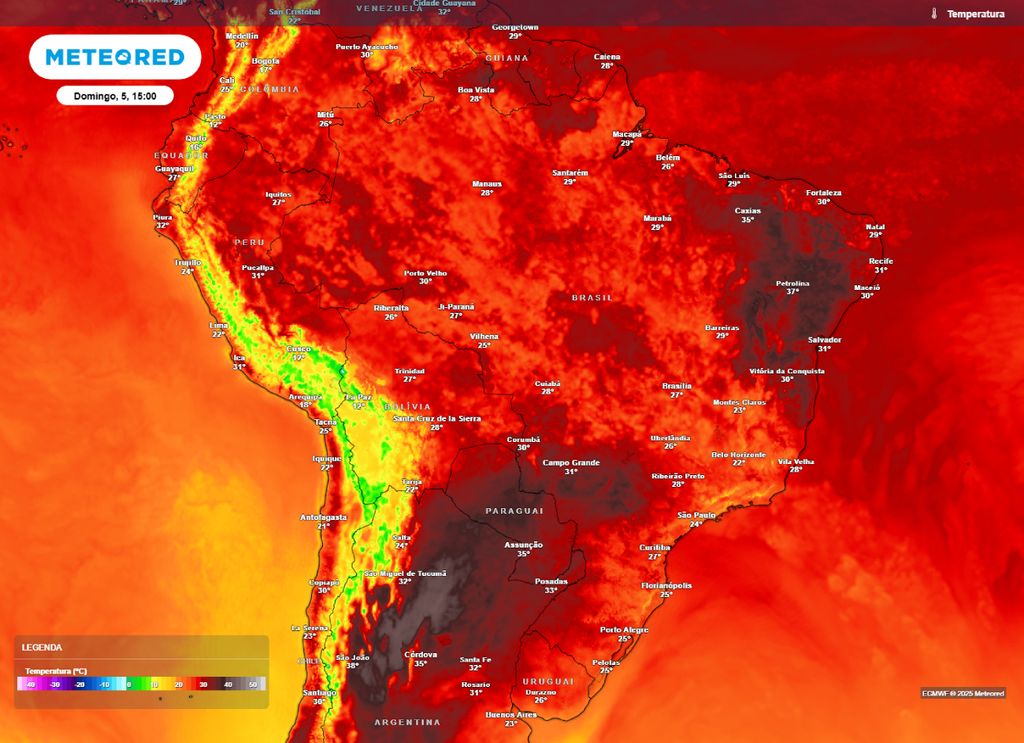 Previsão de temperatura máxima para a tarde de domingo (05).. Previsão de temperatura máxima para a tarde de domingo (05)..