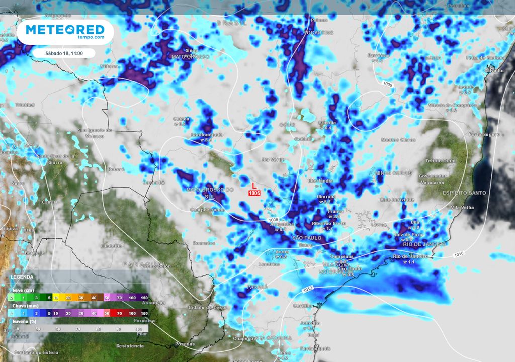 Previsão de nuvens e chuva para Sábado durante a tarde.